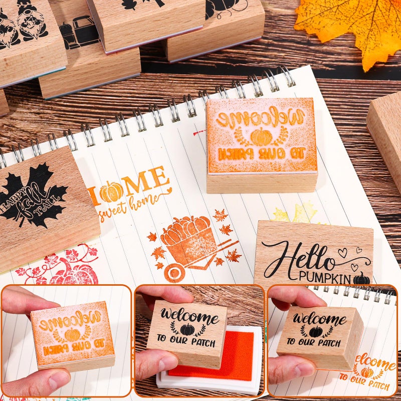 وولاين طوابع مطاطية خشبية من Whaline 9 قطع من طوابع مطاطية خشبية مع 5 ألوان وسادات حبر حرفية لخريف اليقطين جنوم DIY طوابع حرفية لتزيين حفلات عيد الشكر وصنع بطاقات القصاصات - Image 3